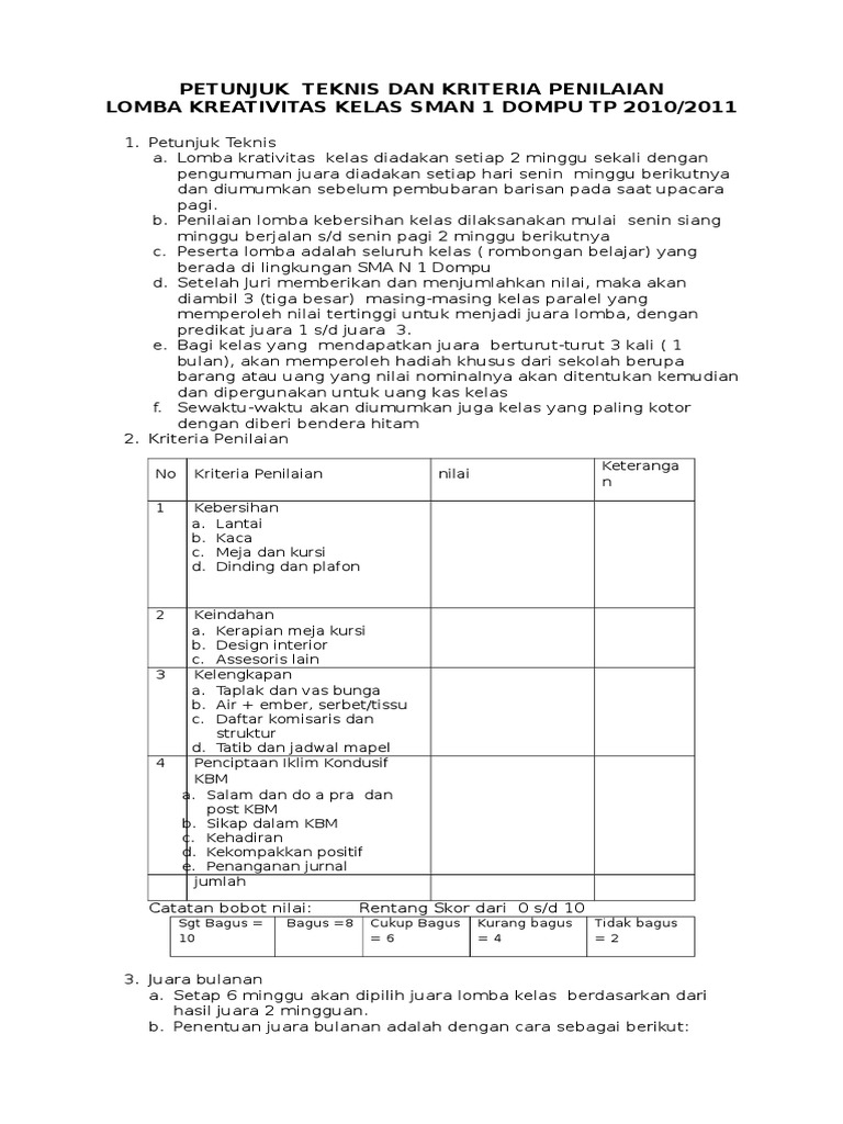 Petunjuk Teknis Dan Kriteria Penilaian Kebersihan Kelas