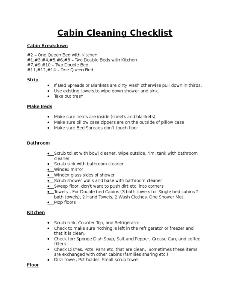 Cabin Cleaning Checklist Bathroom Housekeeping