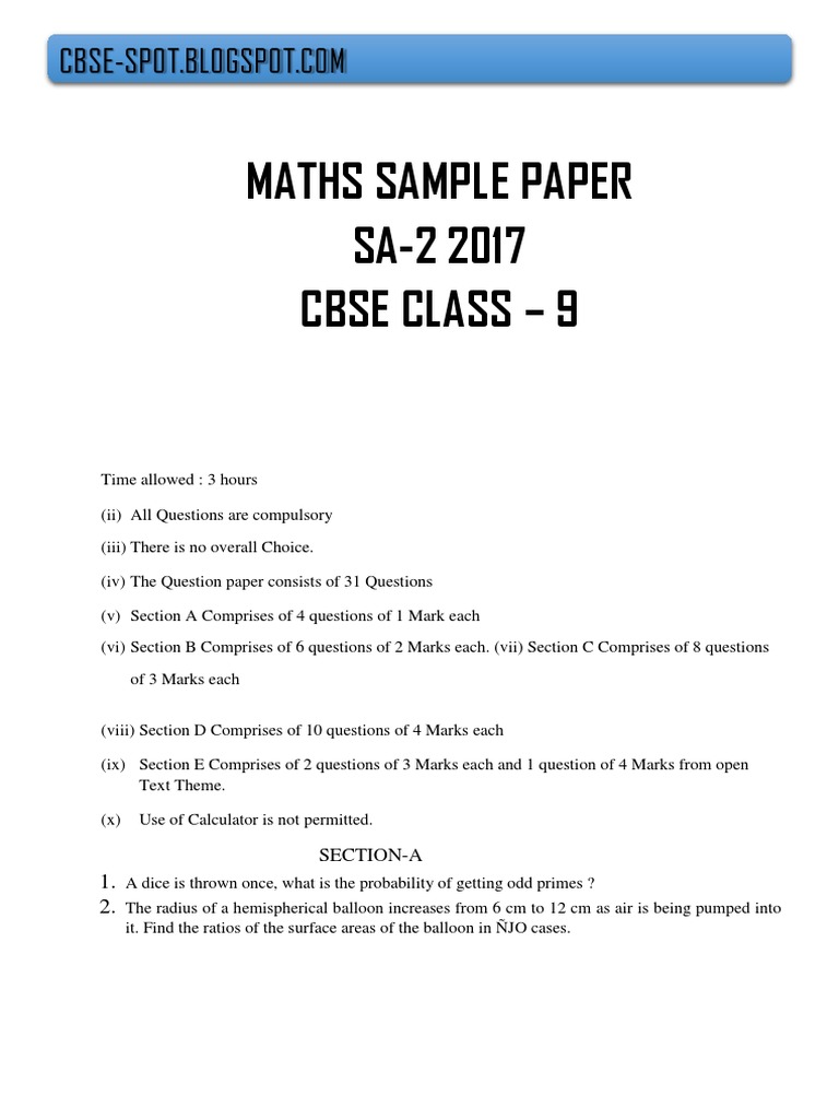 Cbse 8th Class Maths Sample Paper Pdf