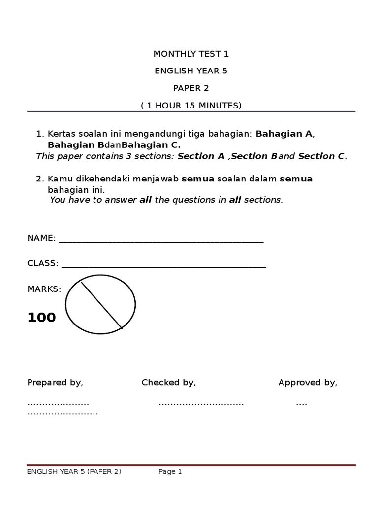 Soalan Bahasa Inggeris Tahun 5 Ujian 1 Bulan Mac 2017