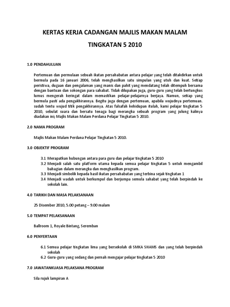 Kertas Kerja Cadangan Majlis Makan Malam