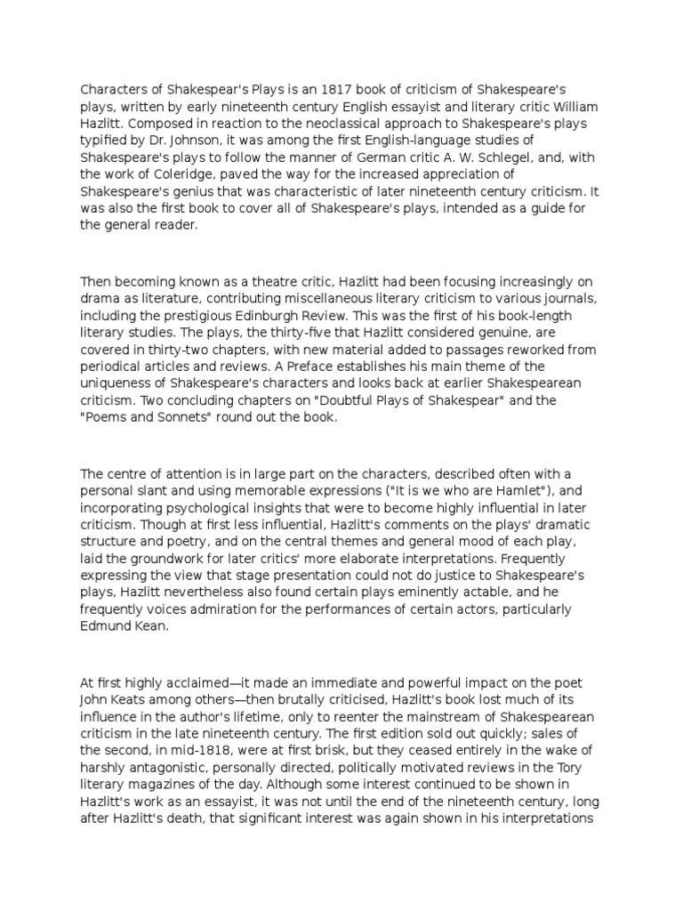 Hazlitt's Insight on Shakespeare's Characters | PDF | William ...