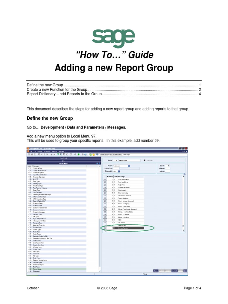 Sage X3 - User Guide - HTG-Adding A New Report Group PDF | PDF