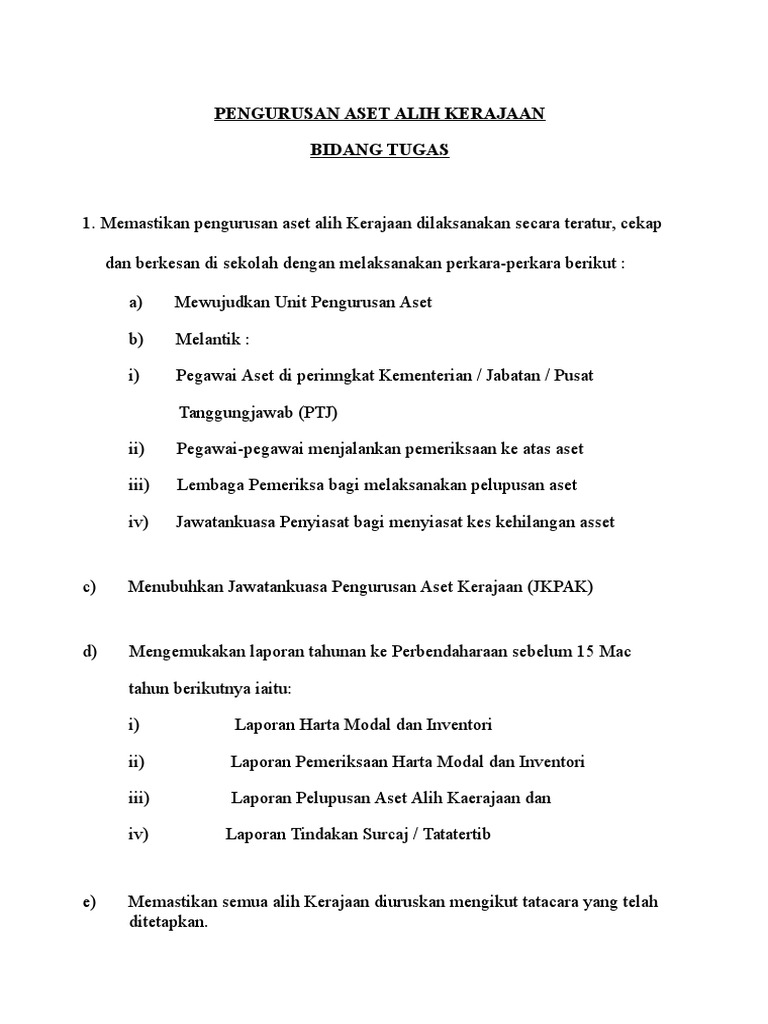Bidang Tugas Pengurusan Aset Alih Kerajaan Pdf