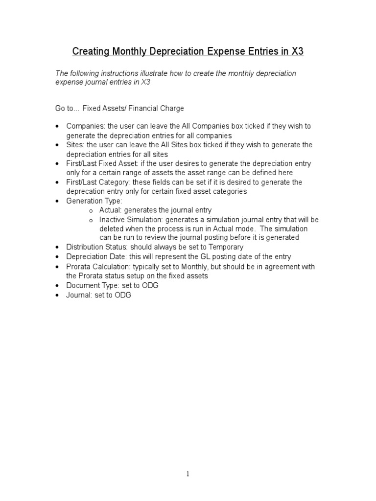 Sage X3 User Guide Creating Monthly Depreciation Expense Entries in