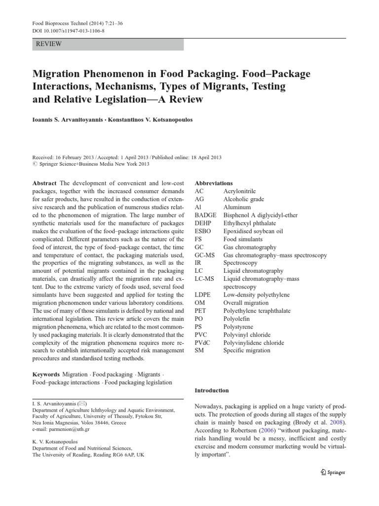 Migration Phenomenon In Food Packaging Food Package Pdf Pdf Plastic