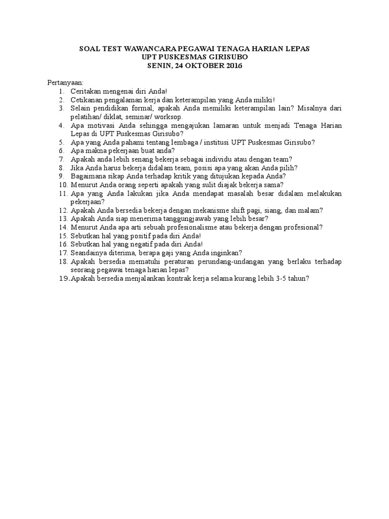 Soal Test Wawancara Pegawai Tenaga Harian Lepas