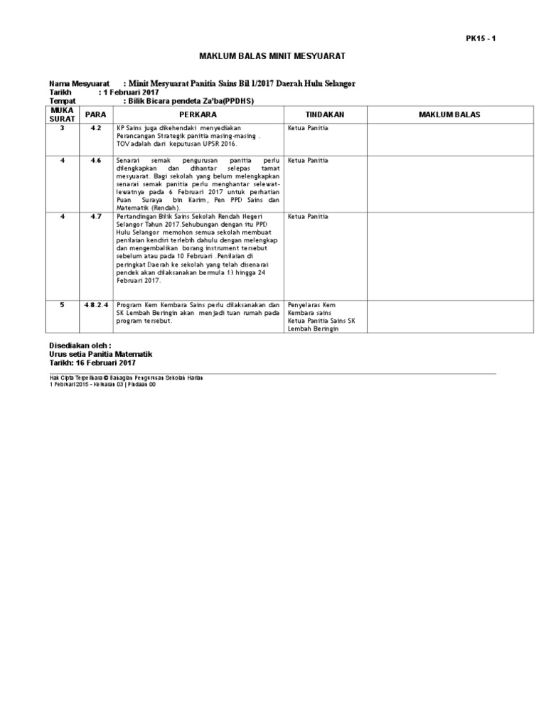 Maklum Balas Mesyuarat Panitia Sains Bil 1 2017 Pdf
