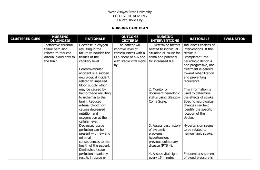 Nursing Care Plan for Cerebral Perfusion | PDF | Stroke | Angiology