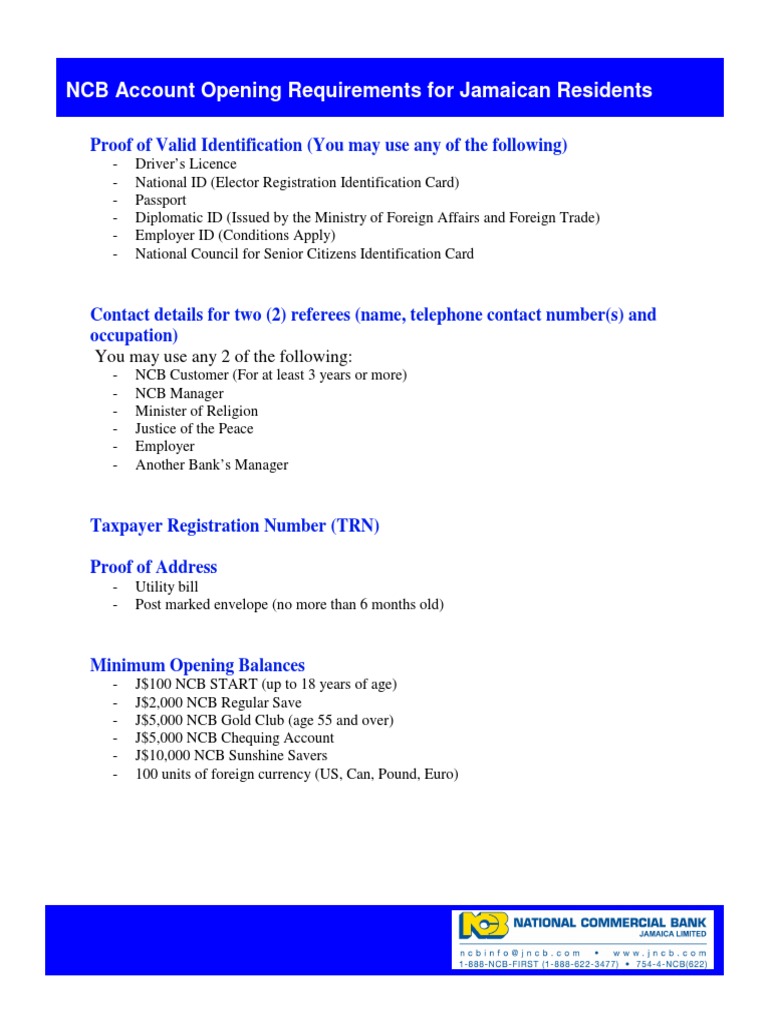 NCB Account Opening Requirements for Jamaican Residents