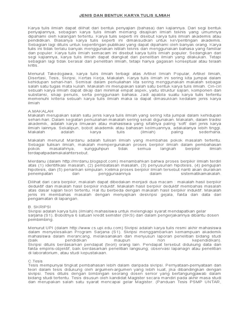 Jenis Dan Bentuk Karya Tulis Ilmiah