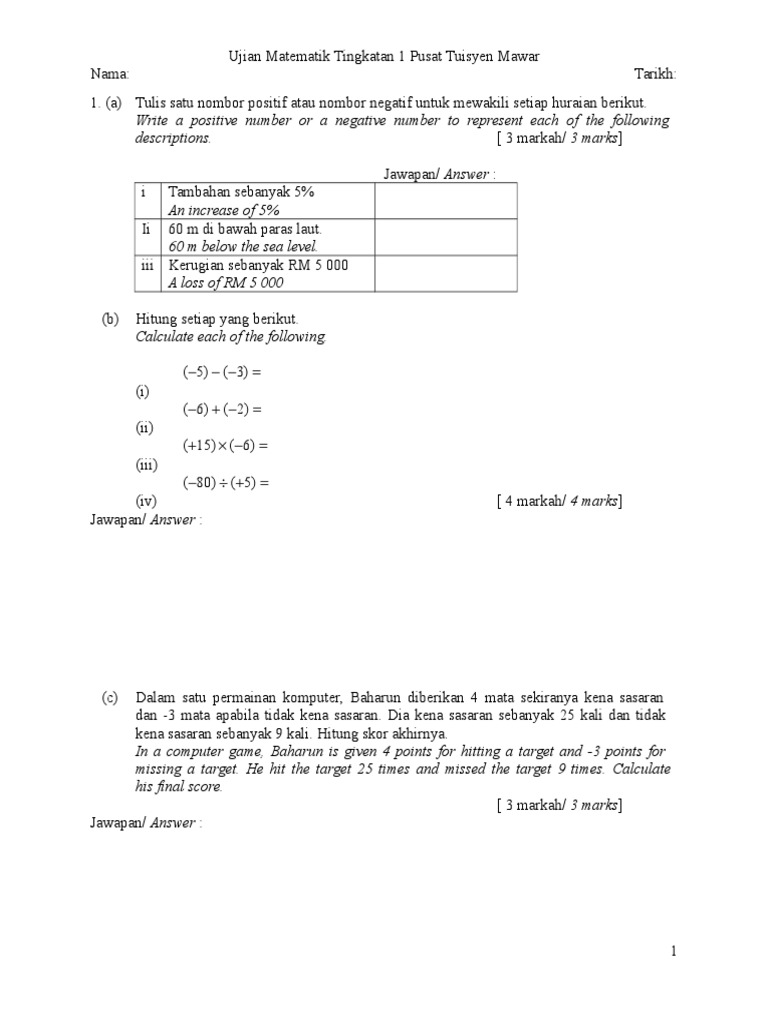 Ujian Matematik Form 1