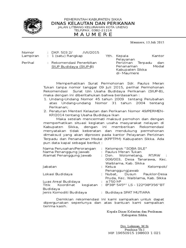 Contoh Surat Permohonan Izin Usaha Perikanan