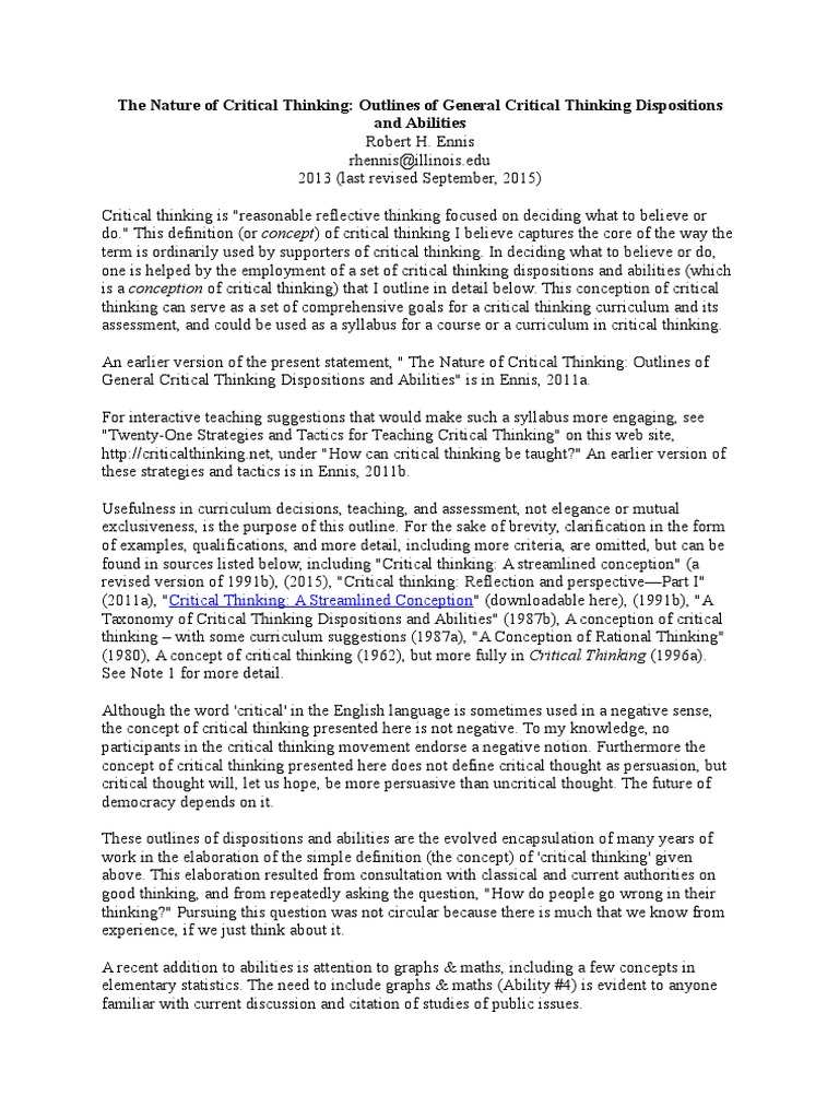 Ennis' Outline of Critical Thinking | PDF | Critical Thinking | Argument
