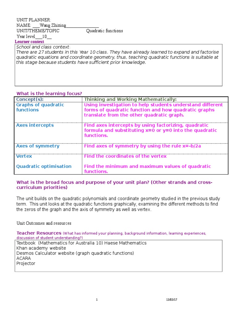 Zhixings Unit Plan On Quadratic Equations | PDF | Quadratic Equation ...