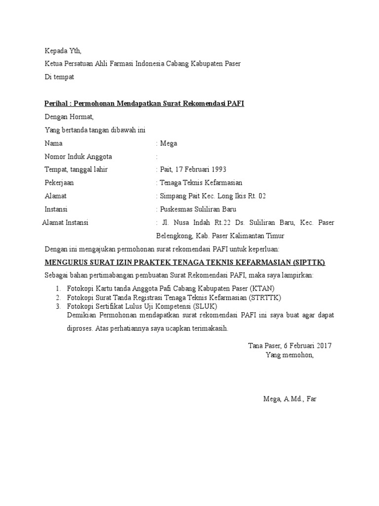 Surat Rekomendasi Pafi