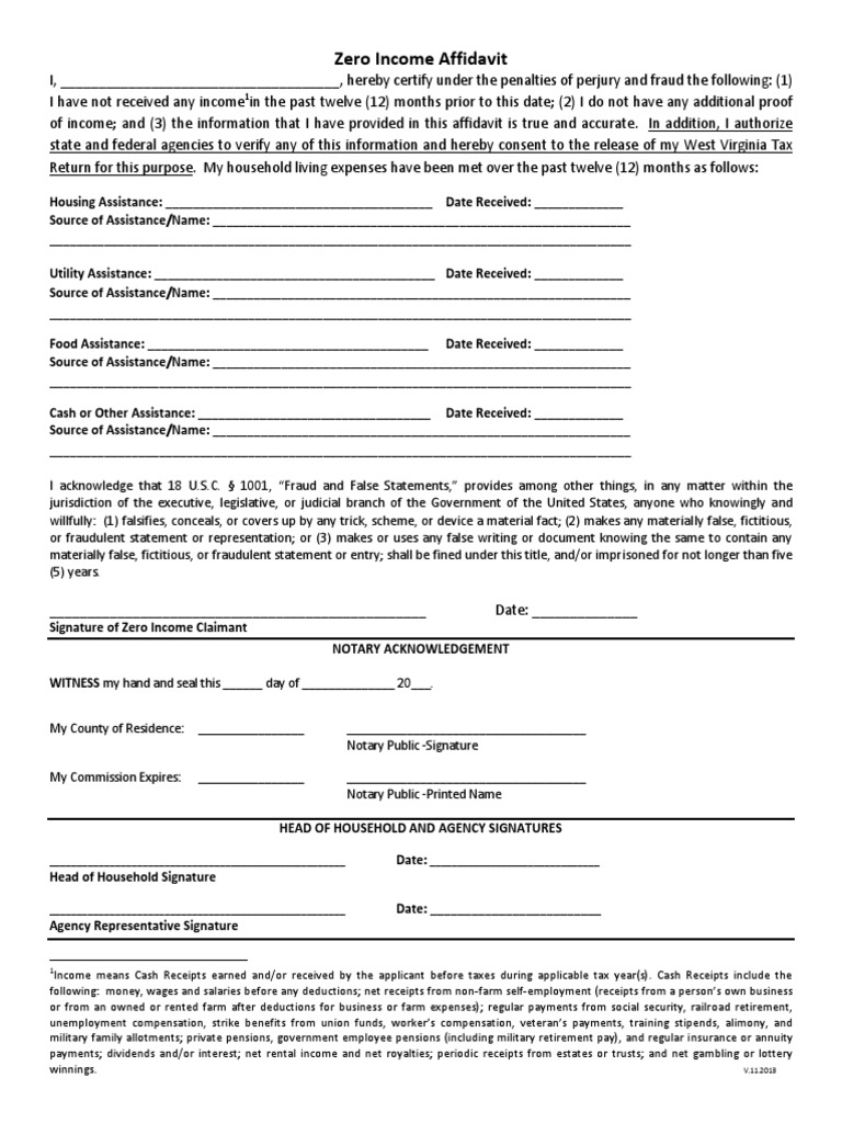 Zero Income Affidavit Template | PDF | Government | Payments
