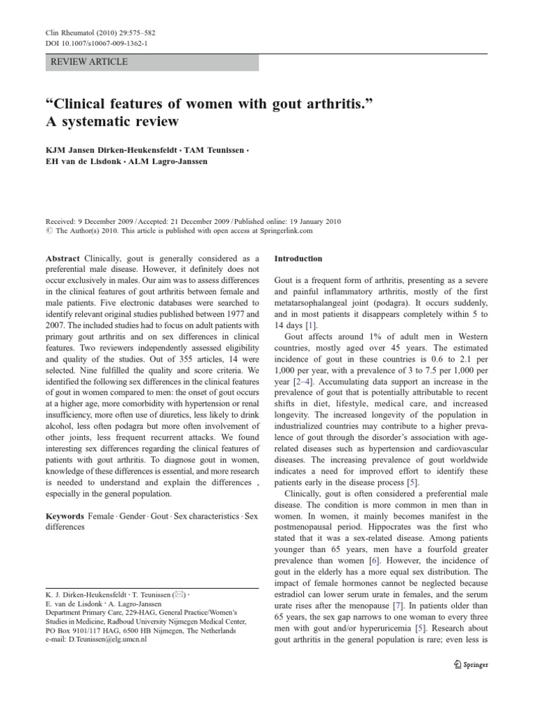 "Clinical Features of Women With Gout Arthritis." A Systematic Review
