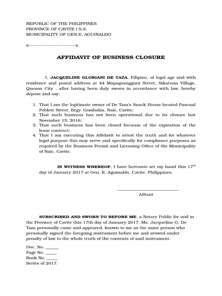 Affidavit of business closure