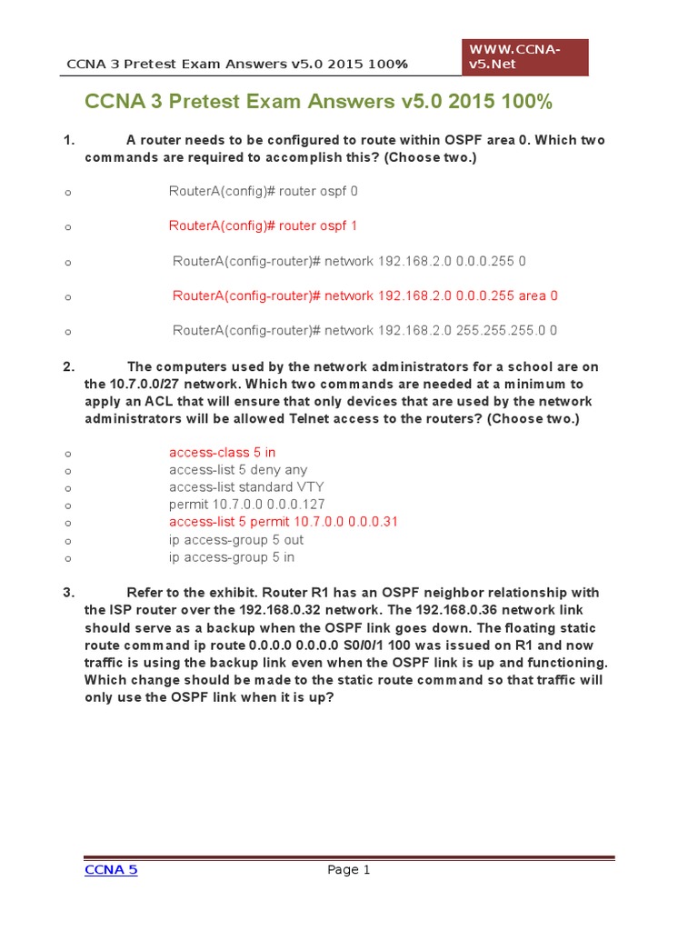 Ccna 3 Pretest Exam Answers V5.0 2015 100%: Routera (Config) # Router ...