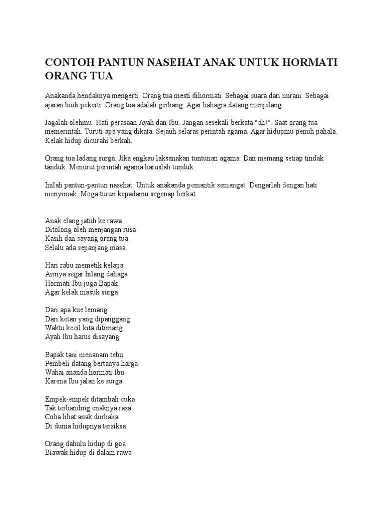 Contoh Pantun Nasehat Anak Untuk Hormati Orang Tua | PDF