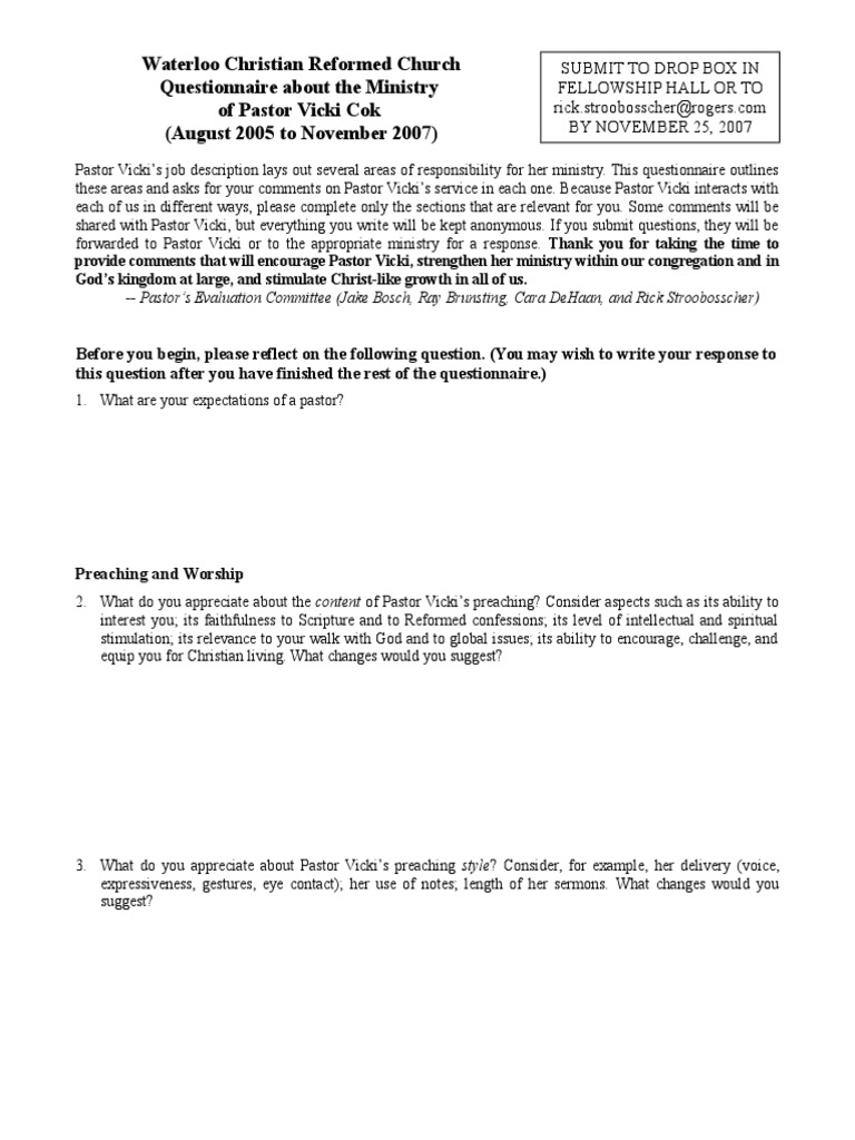 Waterloo Christian Reformed Church Questionnaire About The Ministry of ...