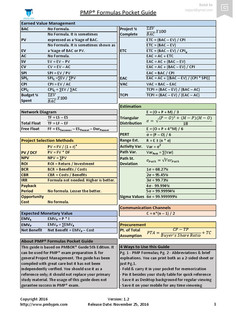 PMP Formulas Pocket Guide PDF | PDF