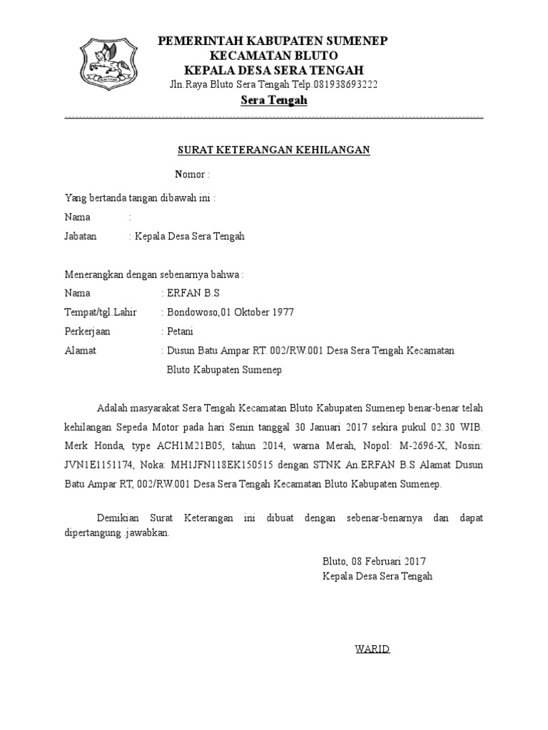 Surat Keterangan Kehilangan