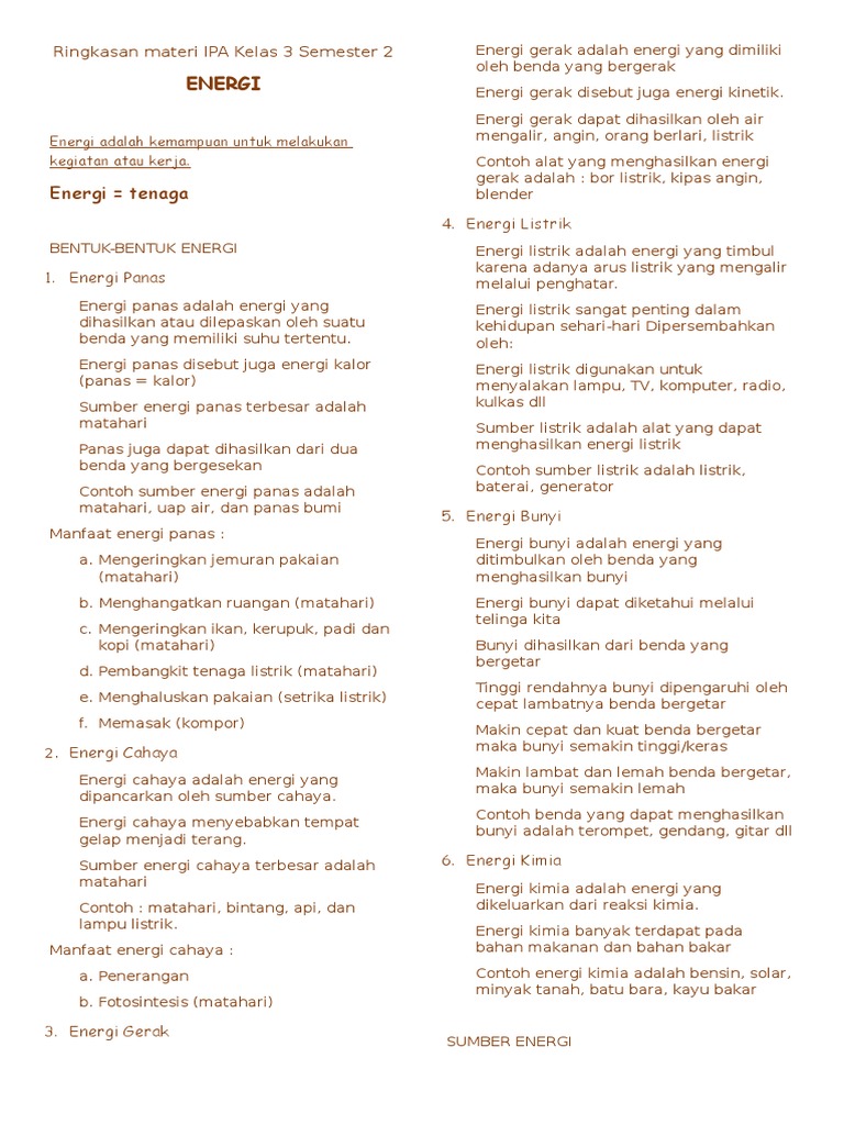 Ringkasan Materi Ipa Kelas 3 Semester 2 Energi