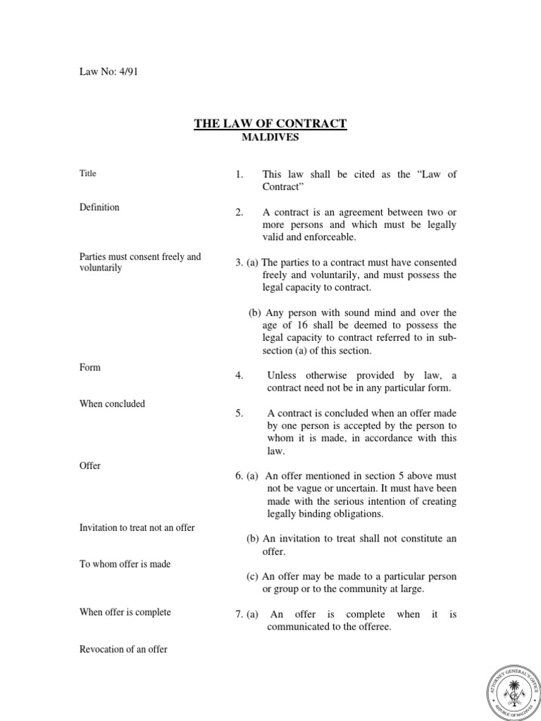 Maldives Contract Law Overview | PDF | Offer And Acceptance | Breach Of ...