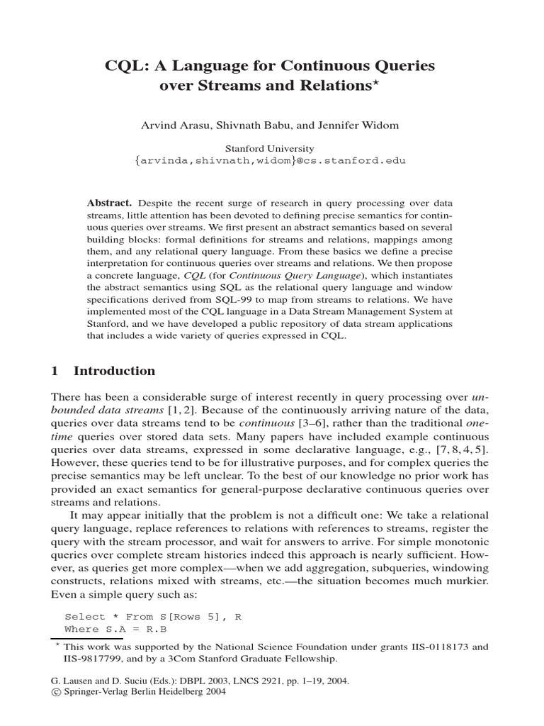 CQL A Language For Continuous Queries Over Streams and Relations | PDF ...