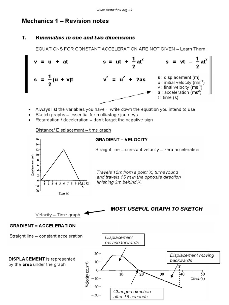 Mechanics 1 Revision Notes Guide | PDF | Momentum | Acceleration