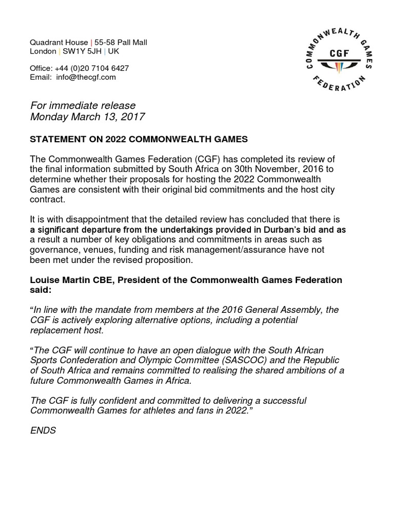 Commonwealth Games Statement 13 March 2017 | PDF