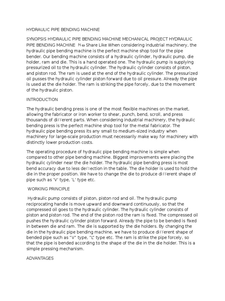 Report Hydraulic Pipe Bending Machine PDF Pipe (Fluid Conveyance) Pump