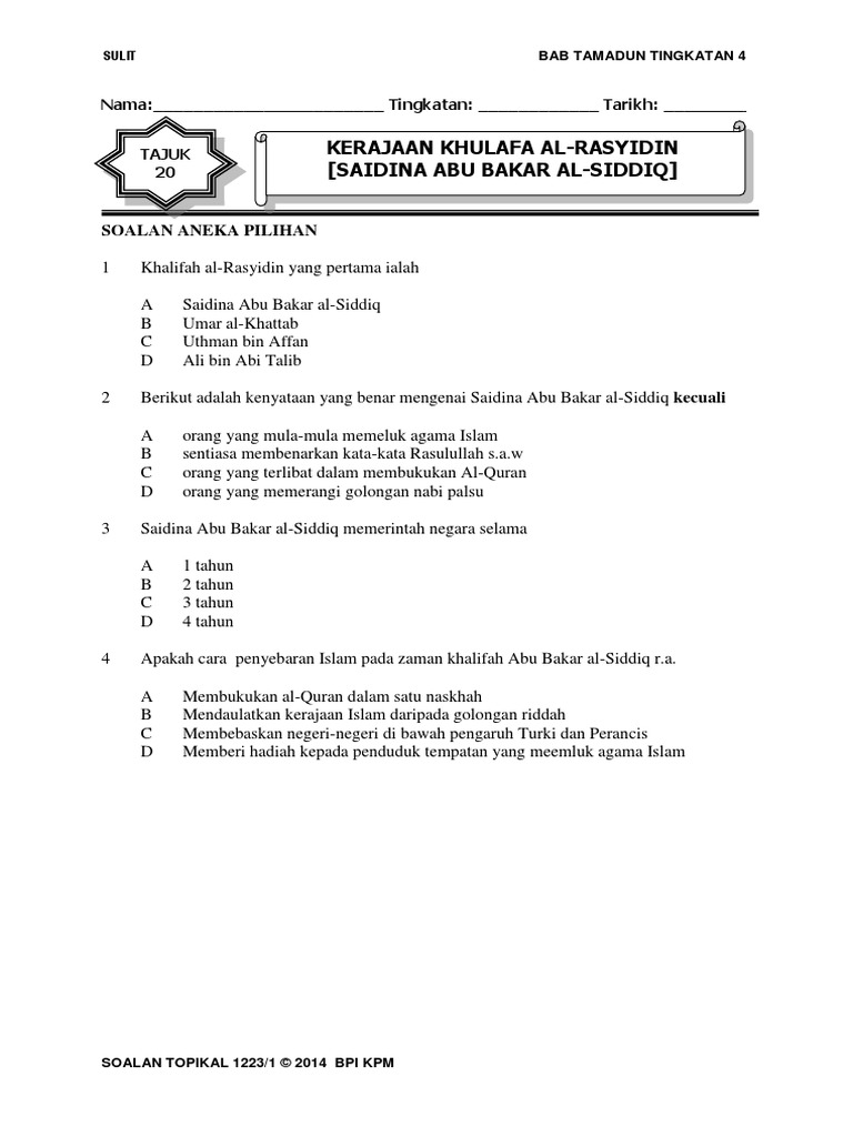 Soalan Tokoh T4 K1 20 1 Khalifah Abu Bakar