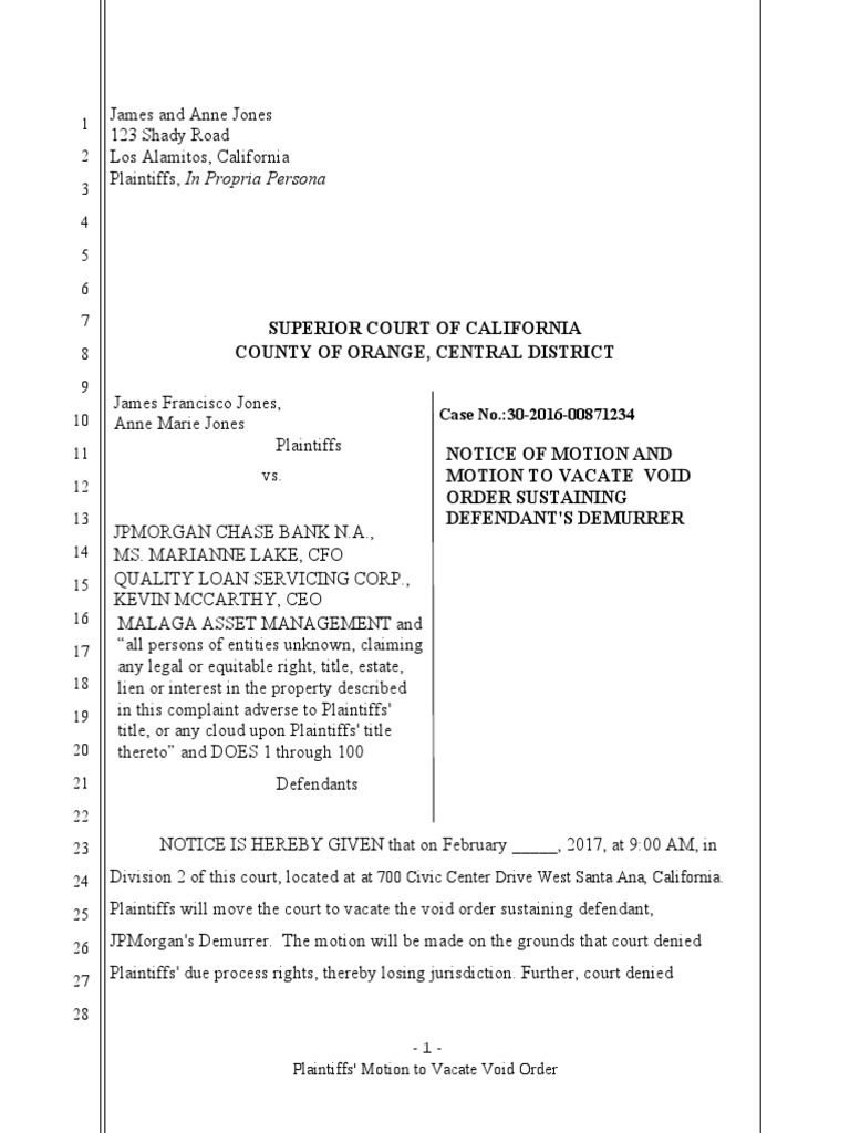 Motion to Vacate Void Order Sample Judicial Disqualification Demurrer