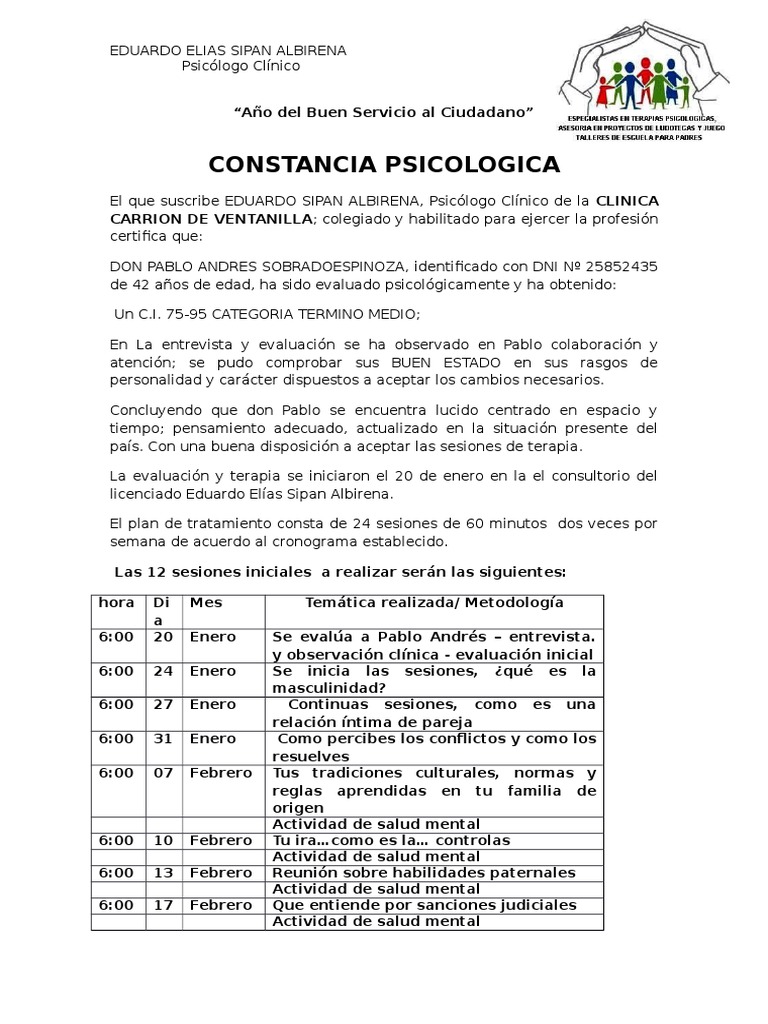 Constancia Psicológica de Evaluación | PDF | Psicólogo | Salud mental