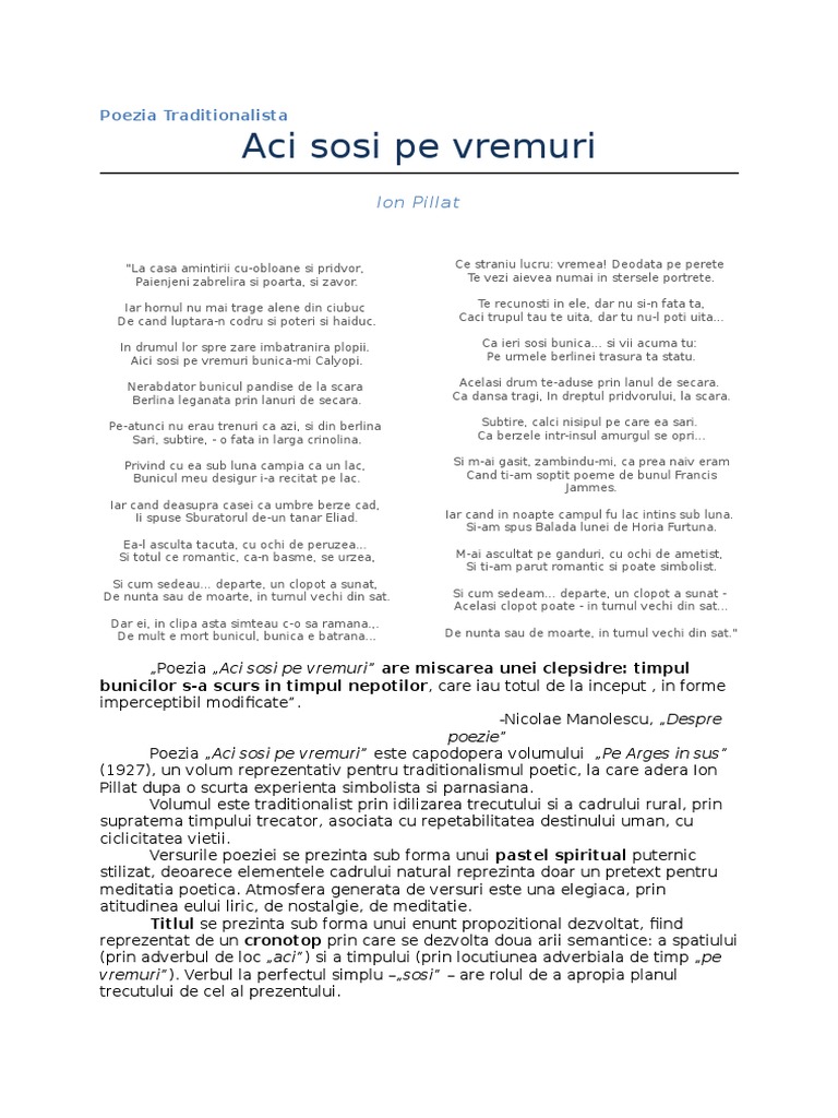 Aci Sosi Pe Vremuri Poezie Comentariu Aci Sosi Pe Vremuri