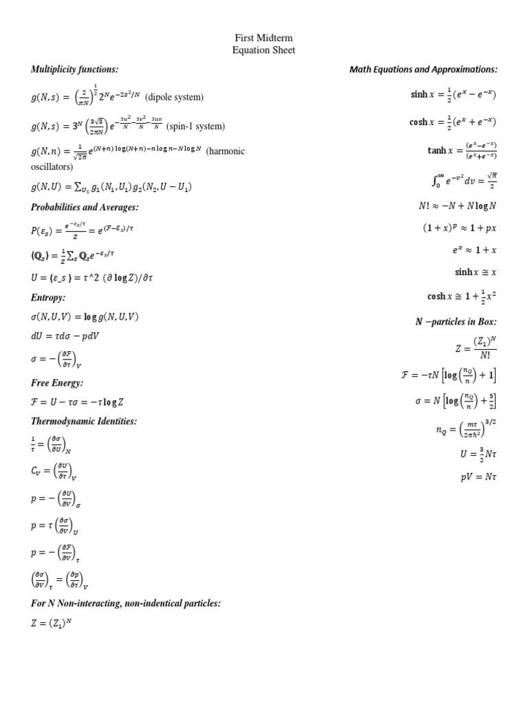 First Midterm Equation Sheet: Multiplicity Functions: Math Equations ...
