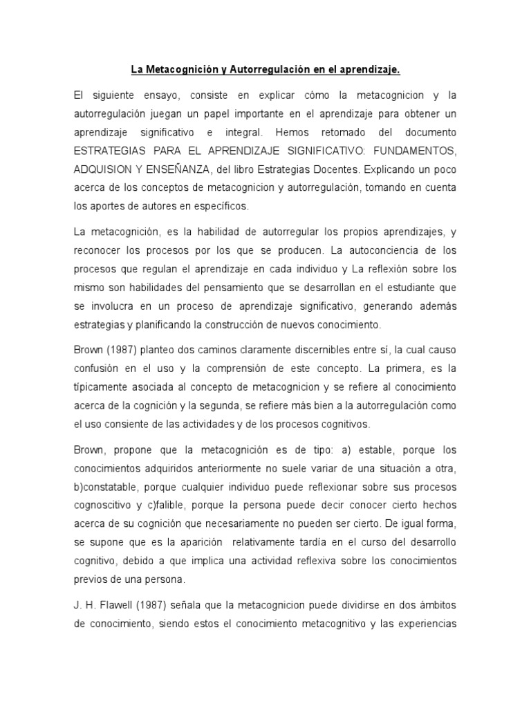 La Metacognicion y Autorregulación | PDF | Teoria de la mente | Aprendizaje