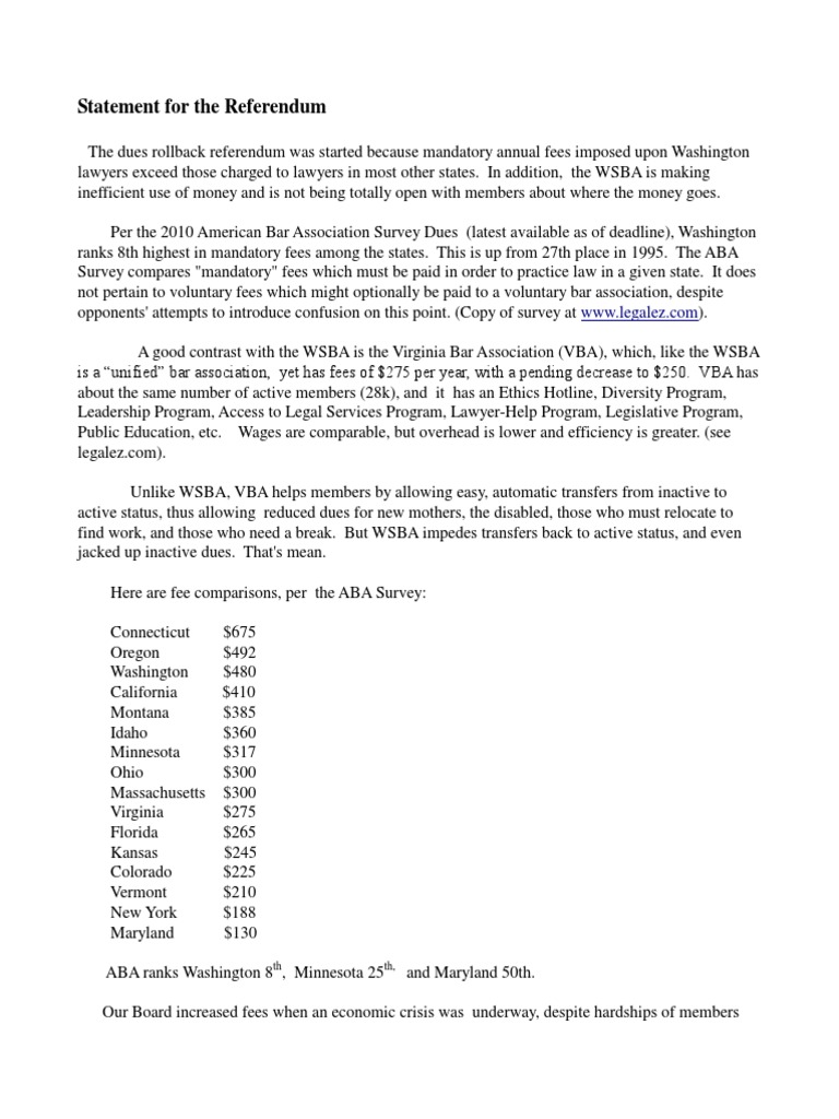 Statement For The Referendum TH TH PDF American Bar Association Fee
