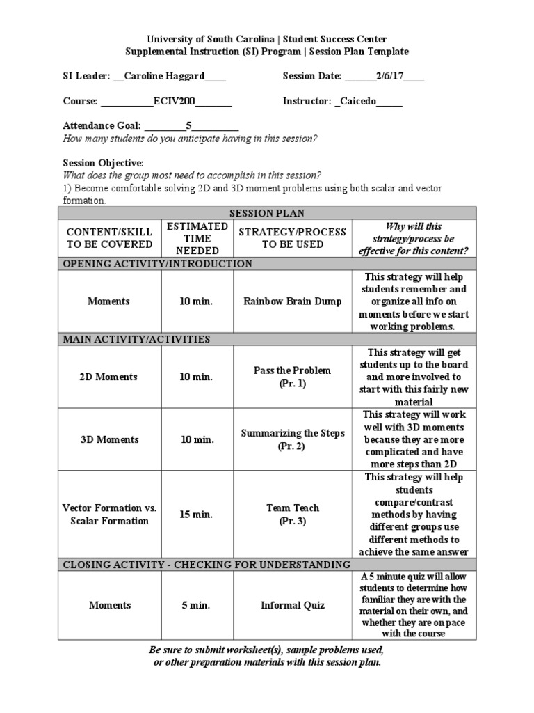 SI Session Plan for ECIV200 | PDF | Educational Psychology | Pedagogy