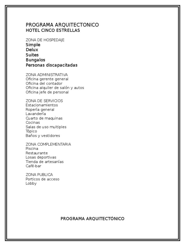 Programa Arquitectonico Hotel 5 Estrella | PDF | Hotel | Ocio (general)