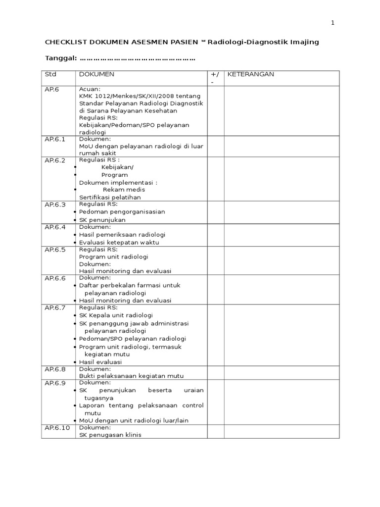 Checklist Radiologi Diagnostik Pasien | PDF