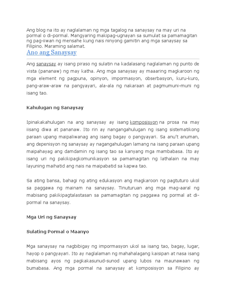 Ang Blog Na Ito Ay Naglalaman Ng Mga Tagalog Na Sanaysay Na May Uri Na Pormal O Di Pdf
