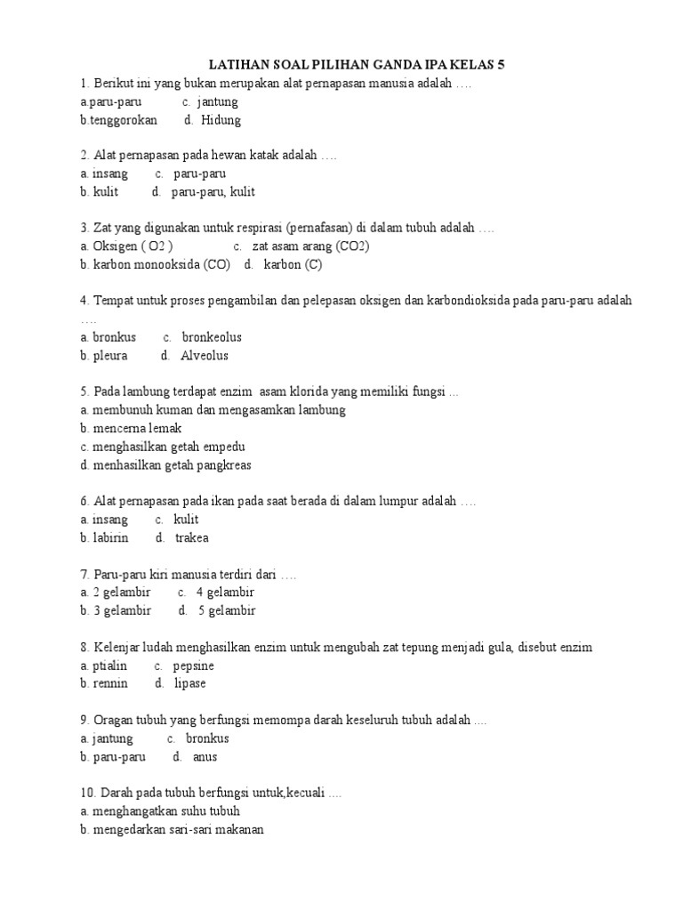 Latihan Soal Pilihan Ganda Ipa Kelas 5