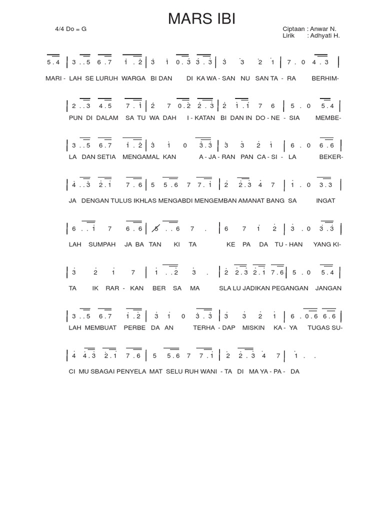 Notasi Balok Dan Angka Hymne Dan Mars IBI