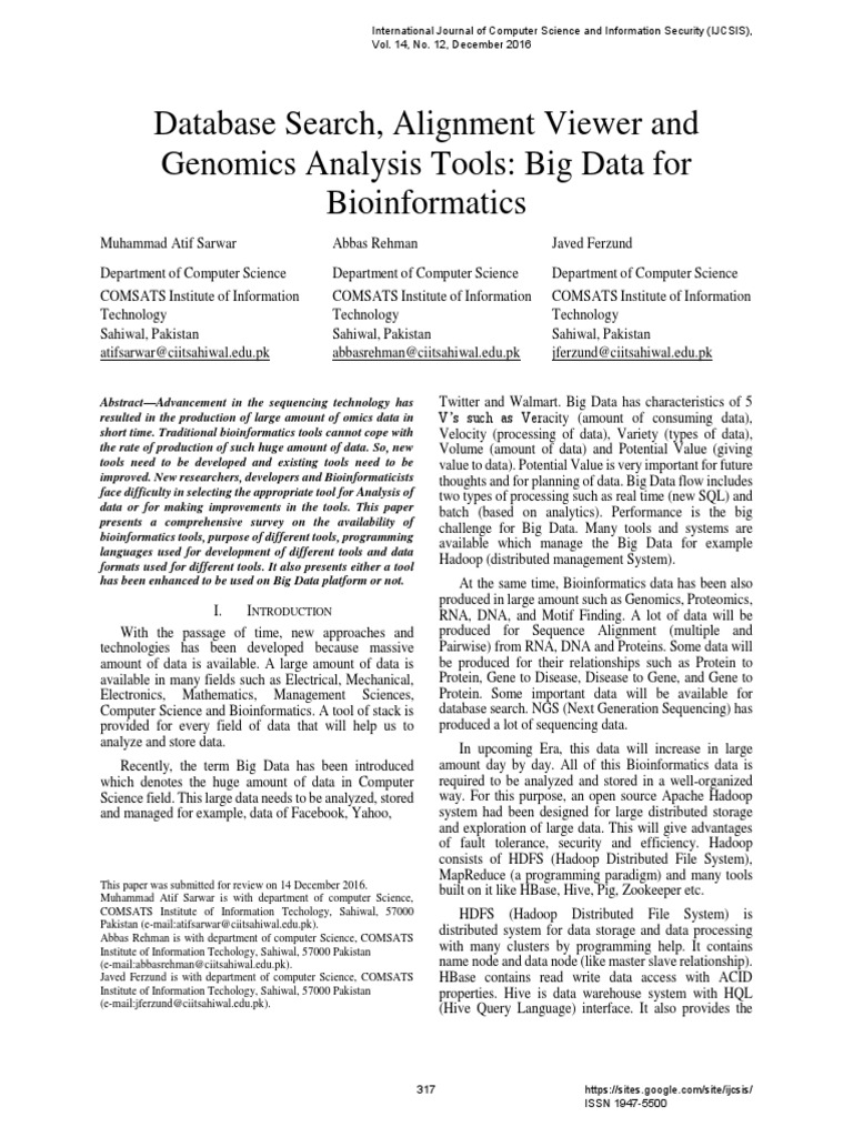 Database Search, Alignment Viewer and Genomics Analysis Tools Big Data