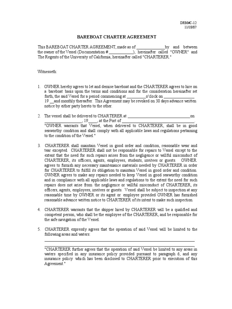 Bareboat Charter Agreement PDF Indemnity Insurance