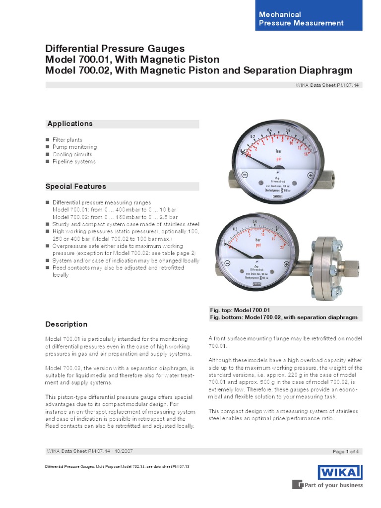Wika Pressure Gauge Model 700.01 Pressure Measurement Pressure